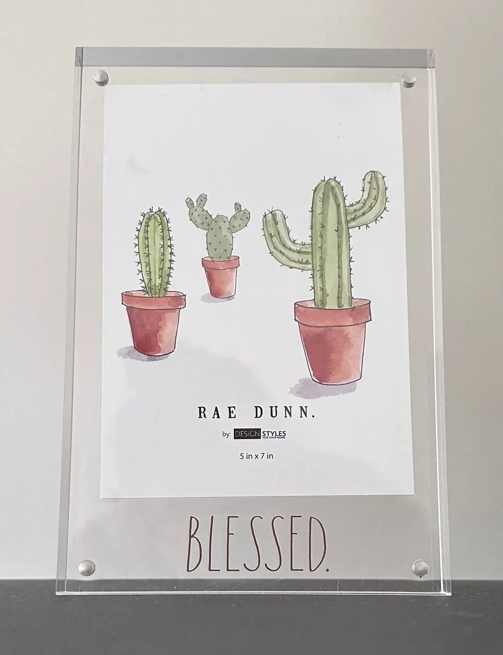 Rae Dunn BLESSED 5x7 Acrylic Photo Frame Gold Lettering Cactus Floral Insert